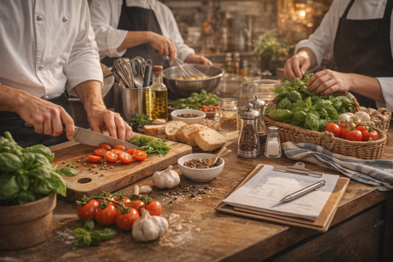 fresh ingredients in a busy kitchen